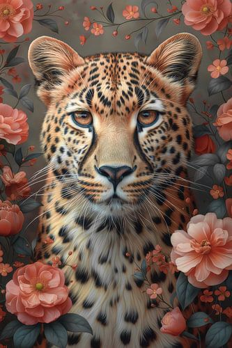 Exotic Elegance - leopard surrounded by Blossoms