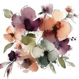Speelse aquarel bloemen (AI) (abstract, zachte, warme, kleuren, elegant, vrouwelijk, chique, schilderij, Japandi)