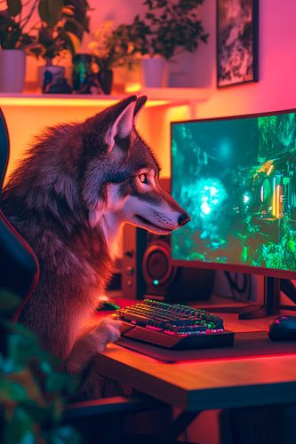 Spelende hond voor de monitor
