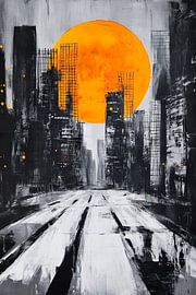 Städtische Silhouette mit Sonnenuntergang von Poster Art Shop