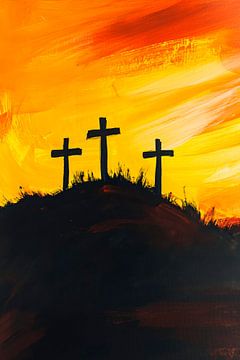 Drie kruizen in de zonsondergang van Poster Art Shop