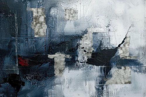 Abstract schilderij, in blauw, wit en grijstinten, winter