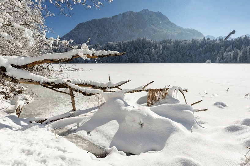 de Freibergsee en daarachter de Himmelschrofen in de winter van Walter G. Allgöwer