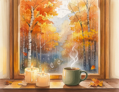 Malerische Aussicht durch ein gemütliches Fenster mit Blick auf einen Herbstwald – warmes Kerzenlicht
