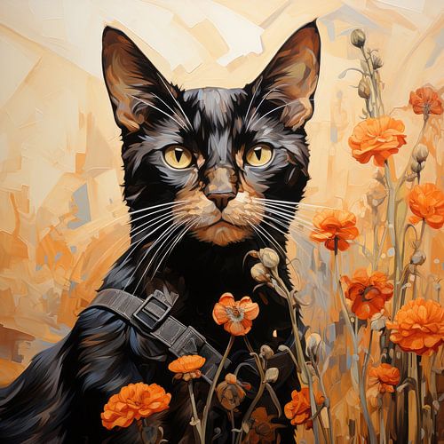 Zwarte kat met oranje bloemen