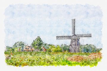 De Zwartenbergse Molen en restaurant Stroming in Etten-Leur (kunst, aquarel) van Art by Jeronimo
