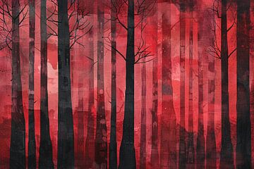 Mysterieus rood bos met zwarte bomen van Art & Soul Creations