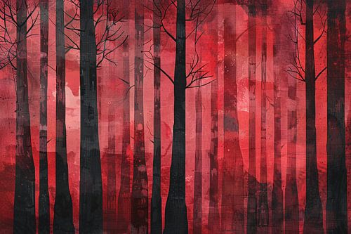 Mysterieus rood bos met zwarte bomen