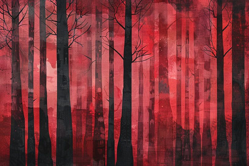 Mysterieus rood bos met zwarte bomen van Art & Soul Creations