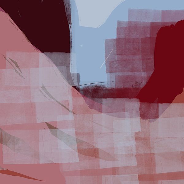 Moderne abstrakte Landschaft. Warmes Rot, Braun, Hellblau. von Dina Dankers