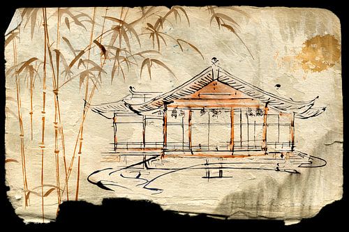 Temple japonais traditionnel avec bambou de style Sumi-e