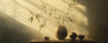 vases still life | Warm Light Green Branches by Eye catching paintings