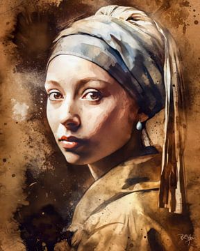 Modern Girl with a Pearl Earring VII Johannes Vermeer watercolour by René van den Berg