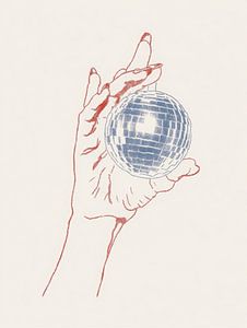 Minimalistische Illustration einer Hand mit verspiegelter Discokugel
