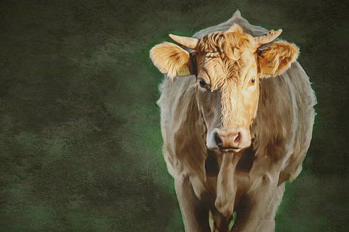 Gelukkige koe in de avondzon I Afbeelding van de koe met schilderkarakter