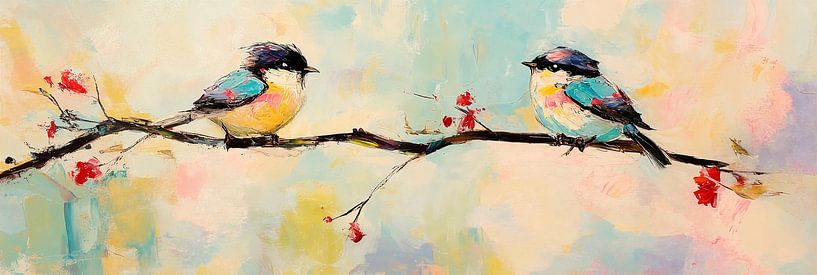 Vögel auf einem blühenden Ast von Poster Art Shop