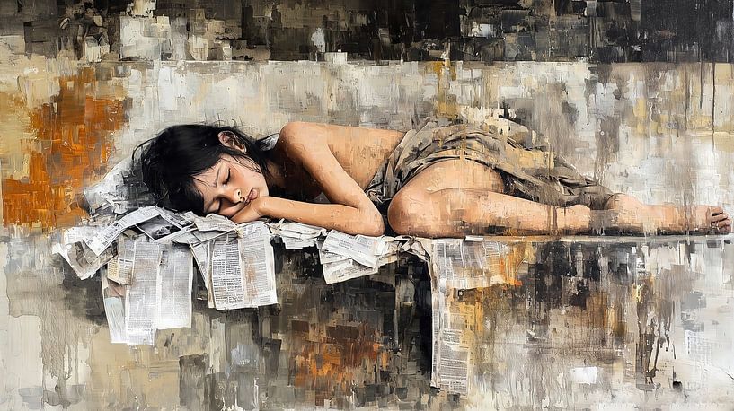 Schlafendes Kind auf Zeitungen von Frank Heinz