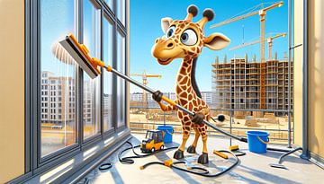 Une girafe assidue nettoie les fenêtres sur le chantier sur artefacti