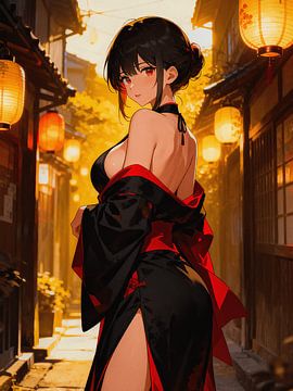 ANIME Lantern Night District - Traditional Kimono Elegance Golden Hour Glow