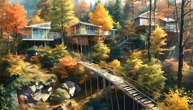 Houses in an autumnal forest by Nick Wendt
