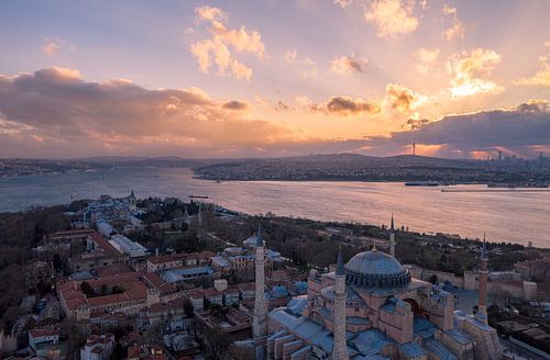 Aya Sofia in Istanbul, Hagia Sofia Church - Mosque, Turkey at sunrise over bosphorus river