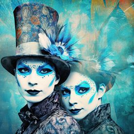 Masked portrait in blue by Vlindertuin-Art