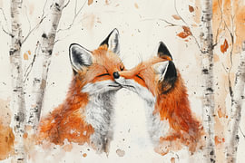 L'amour des renards dans une forêt de bouleaux – Une tendre aquarelle d'automne sur Eva Lee