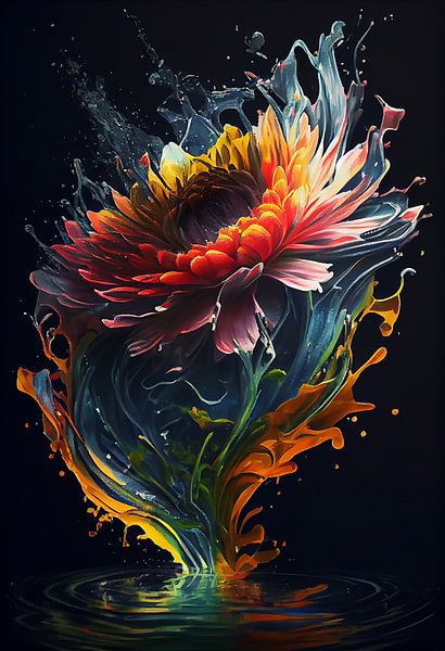 Flower caught in water with acrylic paint and floetrol by Harry Stok