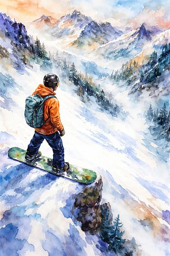 Snowboarder off-piste overlooking snow-covered mountains (AI) (snow, winter, Alps, winter sports)