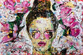 Graffiti Girl | Modern vrolijk schilderij van vrouw met roze en wit van Anja Namink - Schilderijen