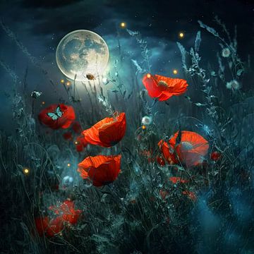 Poppies in atmospheric moonlight by Preet Lambon