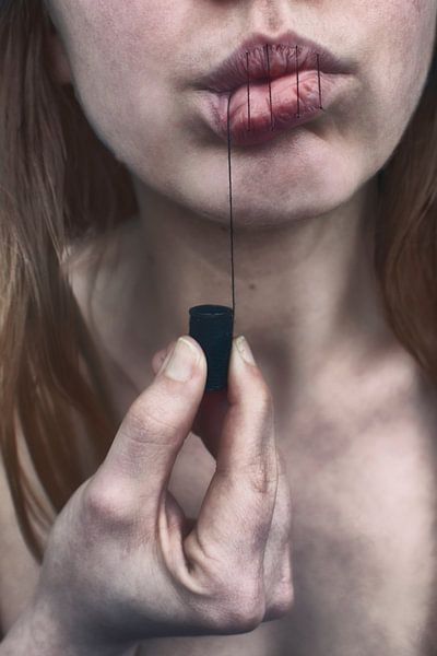 Profound Photo Art: Close-up of Jawline with Symbolic Thread - Silent Power and Communication by Elianne van Turennout