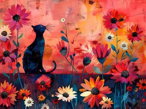 Zwarte kat in de kleurrijke tuin