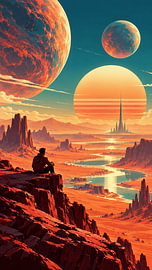 Alien Desert Planet Landscape With Giant Moons And Futuristic Space Civilization by Alfonz