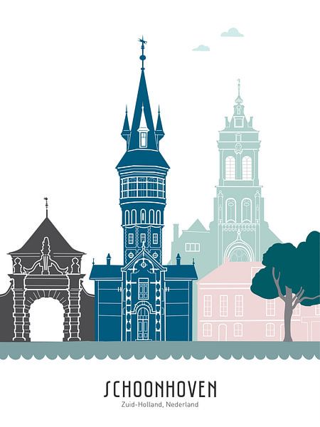 Skyline illustratie Schoonhoven in kleur van Mevrouw Emmer