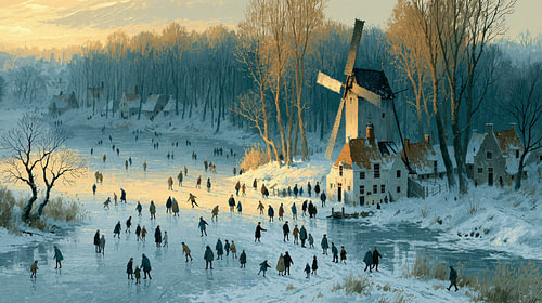 Paysage nostalgique de patinage avec un moulin hollandais sur Preet Lambon