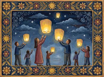 Folk Art Illustration of Family Releasing Sky Lanterns at Night