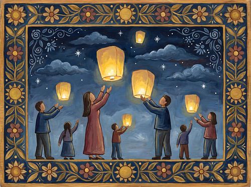 Volkskunst-Illustration einer Familie, die nachts Himmelslaternen steigen lässt
