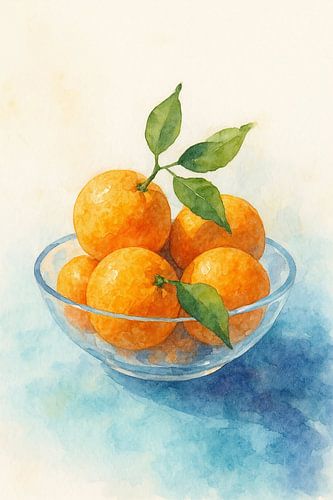 Glazen schaal met sinaasappelen (AI) (fris, gezond, fruit, keuken, stilleven, zomers)