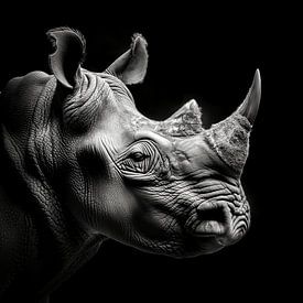 portrait dramatique en noir et blanc de la tête d'un rhinocéros vue de côté sur Margriet Hulsker