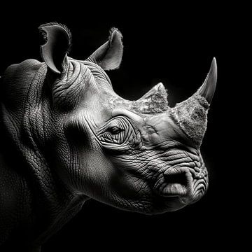 dramatic black and white portrait photo rendering of a rhino's head seen from the side