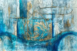 Turquoise Abstract Schilderij - Goudaccenten en Diepe Textuur in Mediterrane Stijl van Joriali Abstract