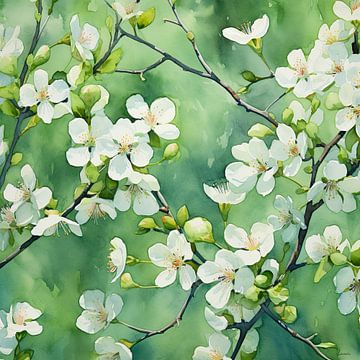 Japanische Frühlingsblüte in Grüntönen. von Lauri Creates