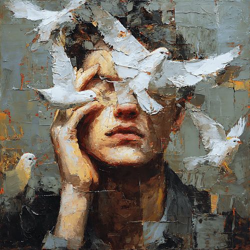 Une silhouette déformée nourrissant des oiseaux de verre dans une peinture acrylique surréaliste d'expressionnisme abstrait