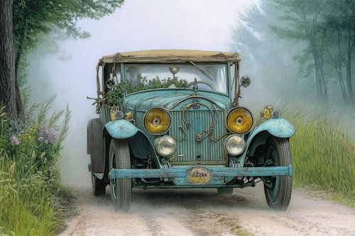Drawing of an old, blue-green vintage car - 