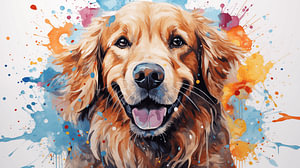Gemälde eines Golden Retriever-Hundegesichts mit bunten Farbspritzern