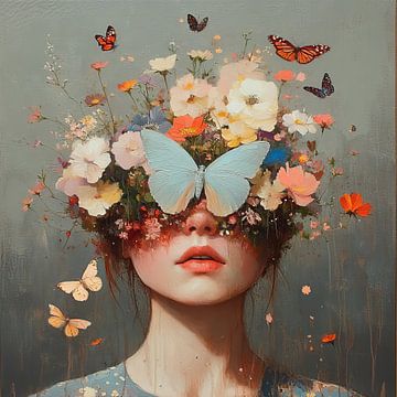 Couronne de papillons | Femme avec papillons sur Peintures accrocheuses