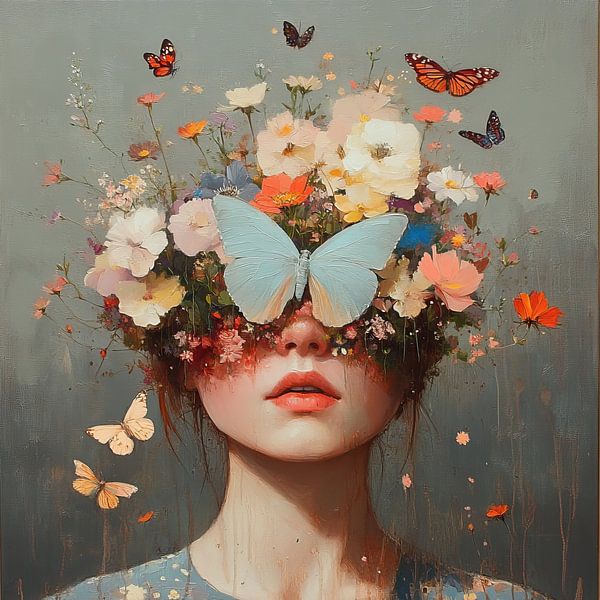 Couronne de papillons | Femme avec papillons par Peintures accrocheuses