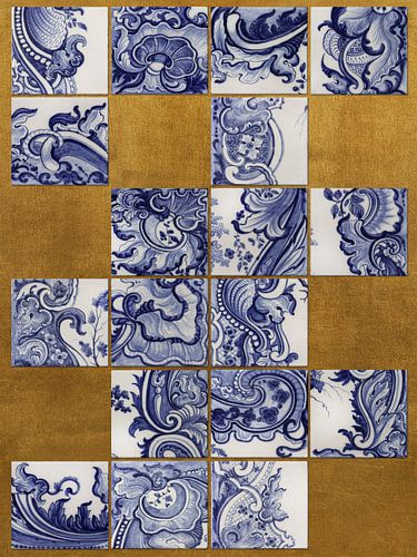 Goud en delfts blauw, mix van fragmenten tegeltableau Rijksmuseum
