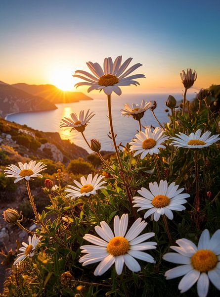 Kustpoëzie met betoverende madeliefjes bij zonsondergang van Christina Bauer Photos